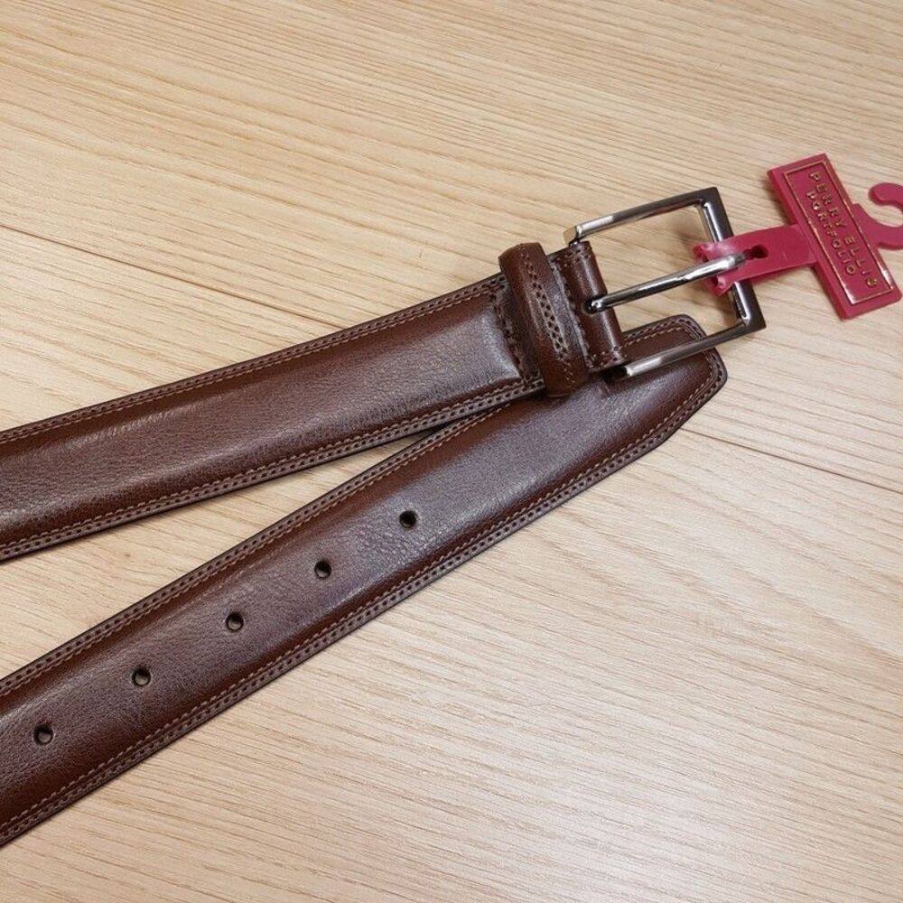 PERRY ELLIS Belt Mens Size XL 42 44 Brown Bonded Leather Silver Buckle